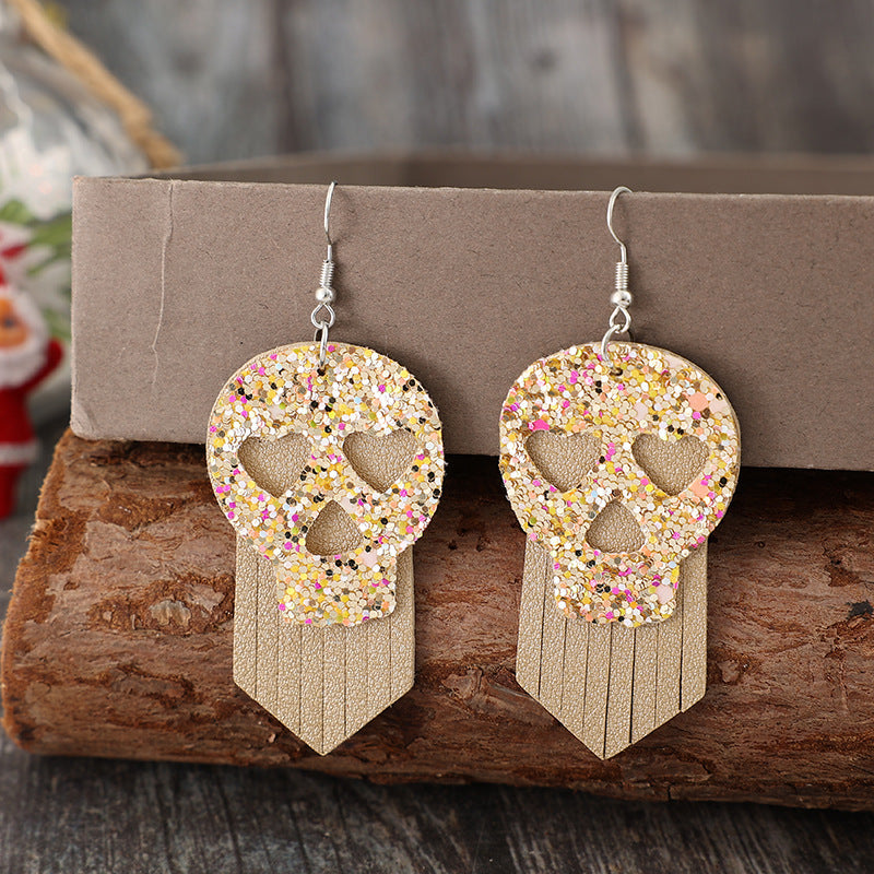 Orecchini a cerchio in pelle con teschio di paillettes