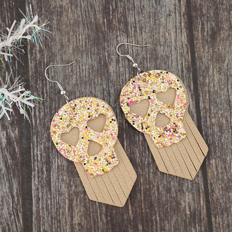 Orecchini a cerchio in pelle con teschio di paillettes