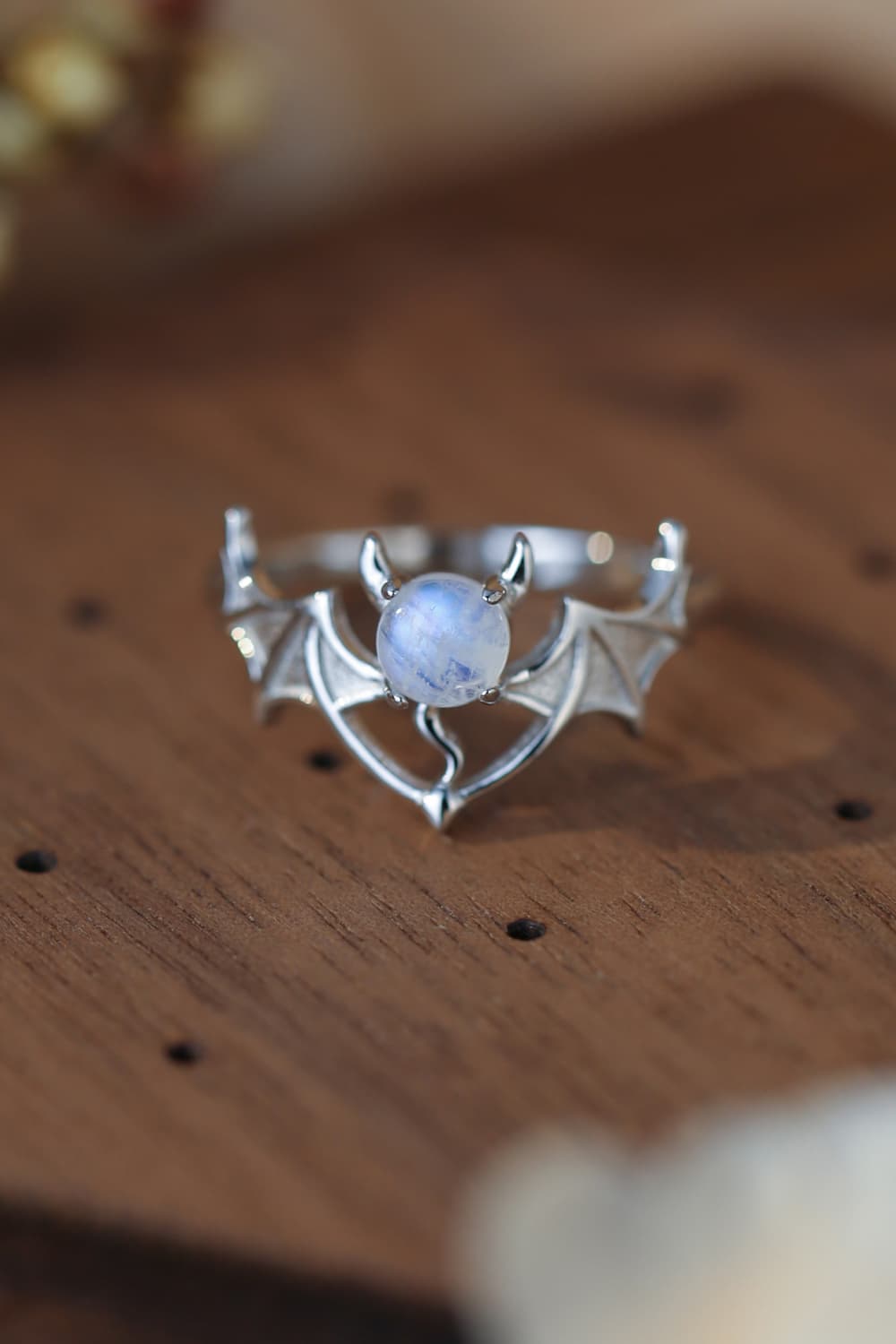 Moonstone Bat Silver Ring